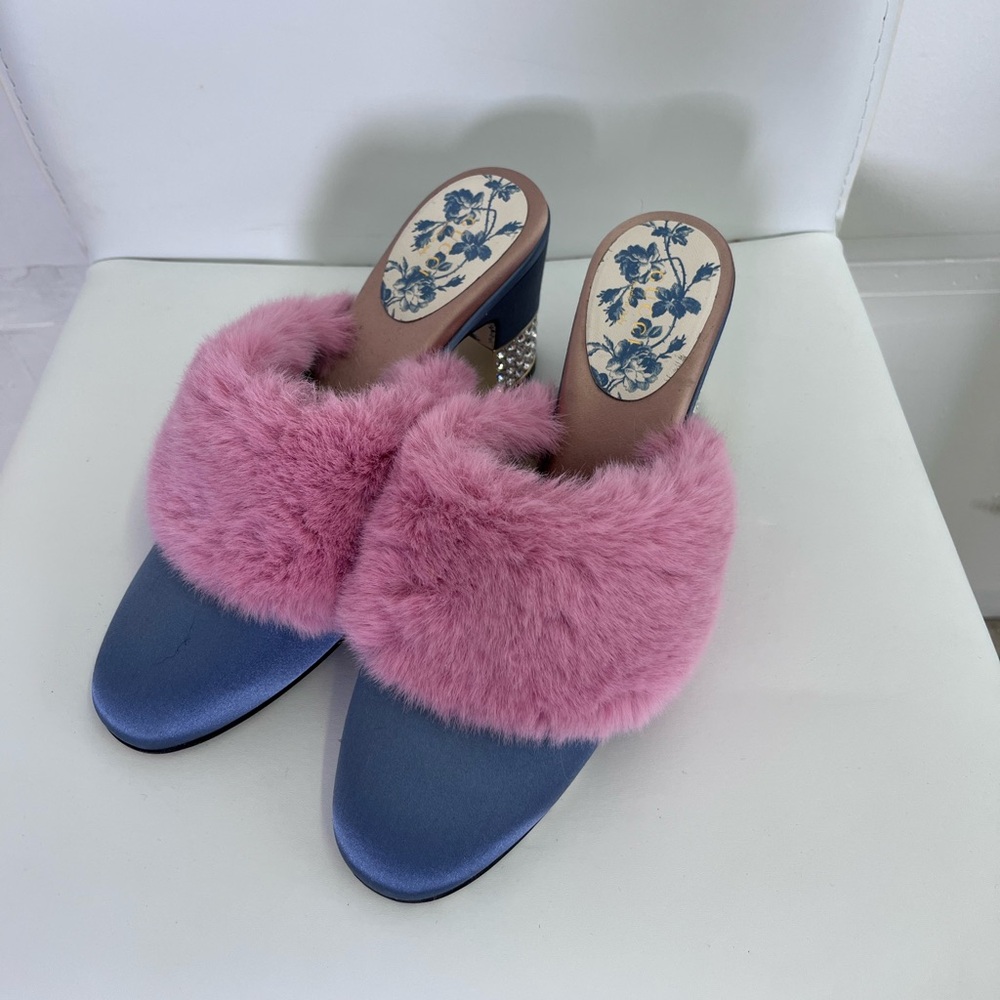 Gucci Candy Satin and Faux Fur Mules
